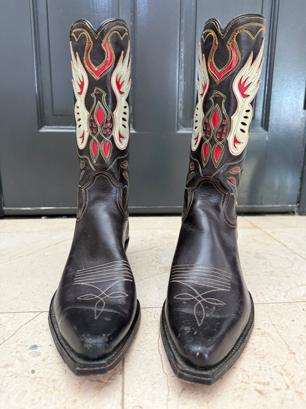 ACME Dark Brown Thunderbird Cowboy Boots with Red & Cream Embroidery